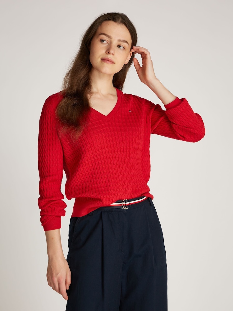 Roșu - Tommy Hilfiger Cable V-Neck Jumper - Image 1 of 6