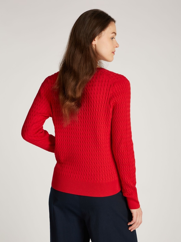 Roșu - Tommy Hilfiger Cable V-Neck Jumper - Image 2 of 6