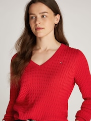 Roșu - Tommy Hilfiger Cable V-Neck Jumper - Image 3 of 6