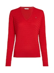 Roșu - Tommy Hilfiger Cable V-Neck Jumper - Image 5 of 6