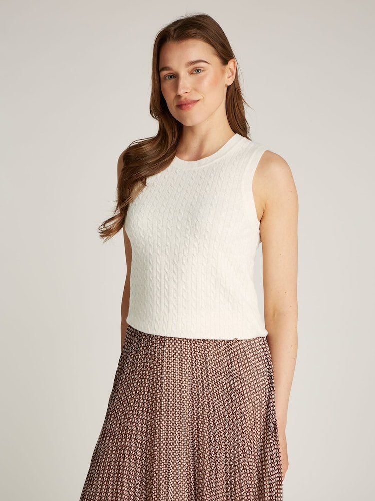 Tommy Hilfiger Natural Slim Wool Cable Crew Neck Tank Top Jumper - Image 1 of 6