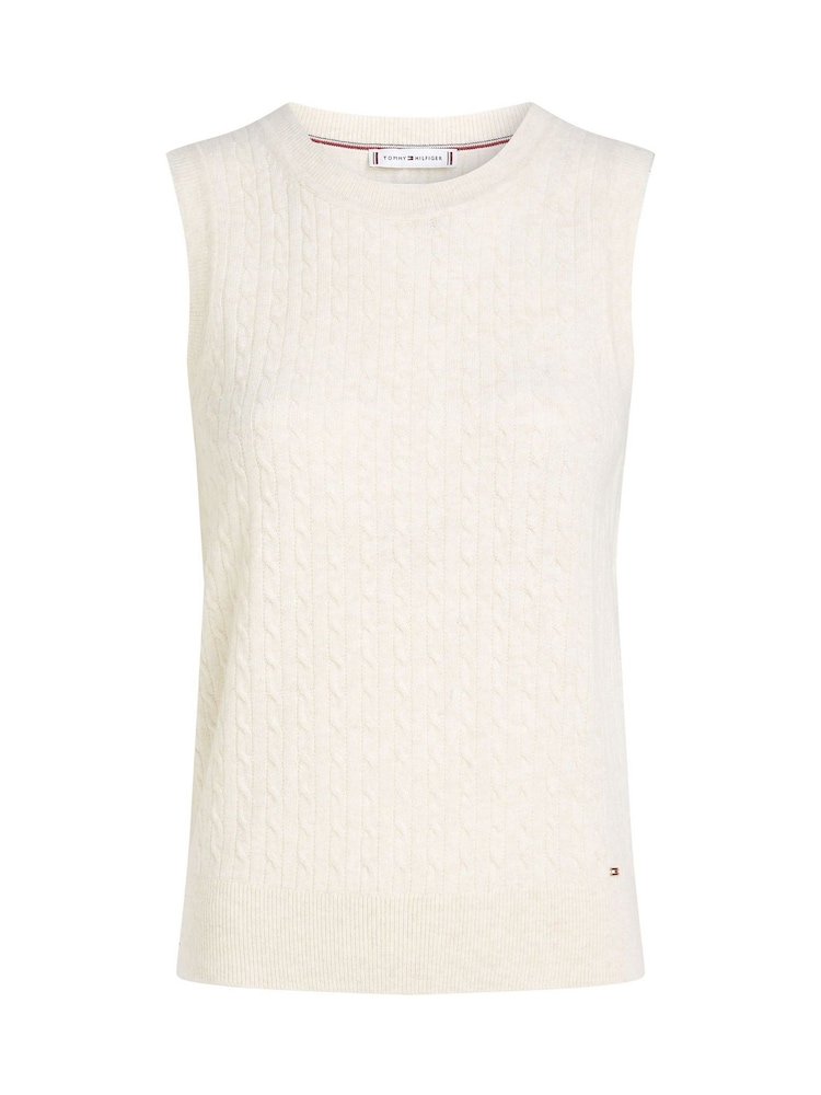 Tommy Hilfiger Natural Slim Wool Cable Crew Neck Tank Top Jumper - Image 5 of 6