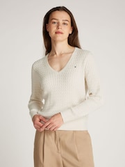 Natural - Tommy Hilfiger Cable V-Neck Jumper - Image 1 of 6