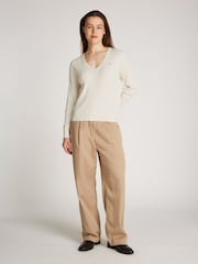 Natural - Tommy Hilfiger Cable V-Neck Jumper - Image 3 of 6