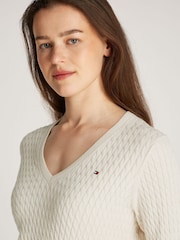 Natural - Tommy Hilfiger Cable V-Neck Jumper - Image 4 of 6