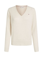 Natural - Tommy Hilfiger Cable V-Neck Jumper - Image 5 of 6