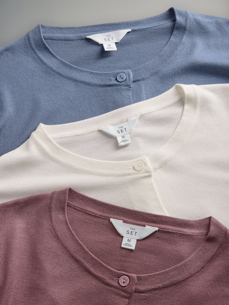 The Set Dusty Pink/Light Blue /Cream 3 Pack Fine Knit Button Through Cardigans - Image 5 of 6