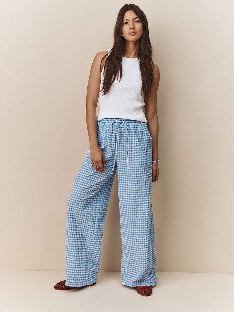 Blue/White Textured Gingham Wide Leg Trousers - Image 1 of 4
