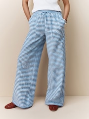 Blue/White Textured Gingham Wide Leg Trousers - Image 2 of 4