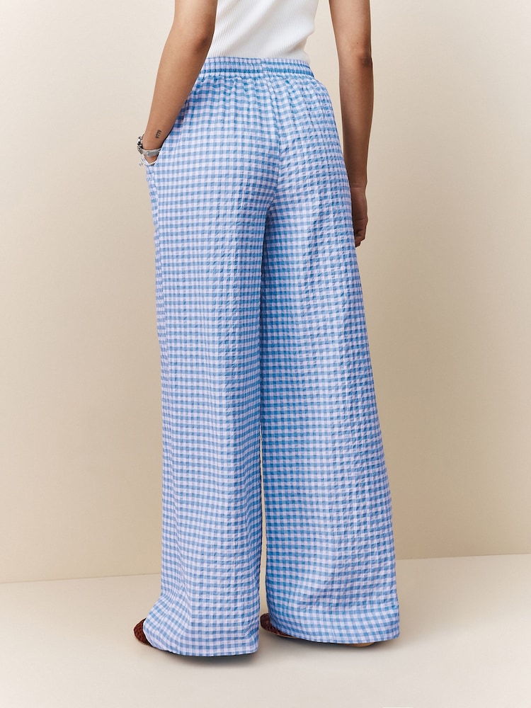 Blue/White Textured Gingham Wide Leg Trousers - Image 2 of 7 Blue/White Textured Gingham Wide Leg Trousers - Image 2 of 7