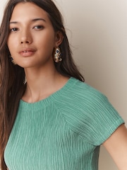 Teal Blue Raglan Short Sleeve Textured Top - Image 1 of 6