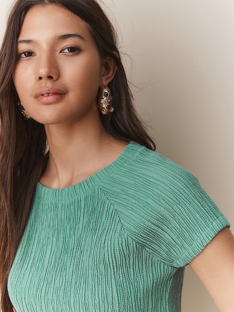Teal Blue Raglan Short Sleeve Textured Top - Image 1 of 6