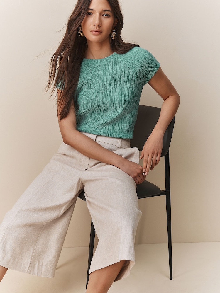 Teal Blue Raglan Short Sleeve Textured Top - Image 2 of 6