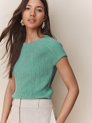 Teal Blue Raglan Short Sleeve Textured Top - Image 4 of 6