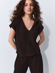 Chocolate Brown Textured Short Sleeve V-Neck T-Shirt - Image 1 of 4