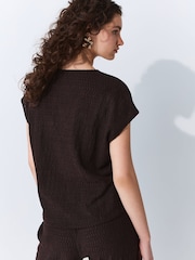 Chocolate Brown Textured Short Sleeve V-Neck T-Shirt - Image 2 of 4