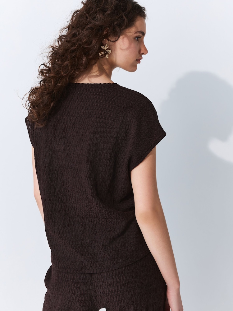 Chocolate Brown Textured Short Sleeve V-Neck T-Shirt - Image 2 of 4