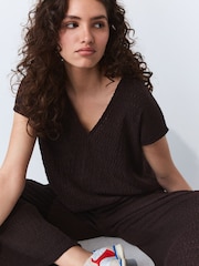Chocolate Brown Textured Short Sleeve V-Neck T-Shirt - Image 4 of 4