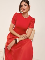 Friends Like These Red Petite Cotton Mix Ruched Sleeve Midi Dress - Image 2 of 5