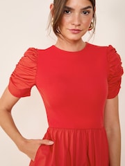 Friends Like These Red Petite Cotton Mix Ruched Sleeve Midi Dress - Image 4 of 5