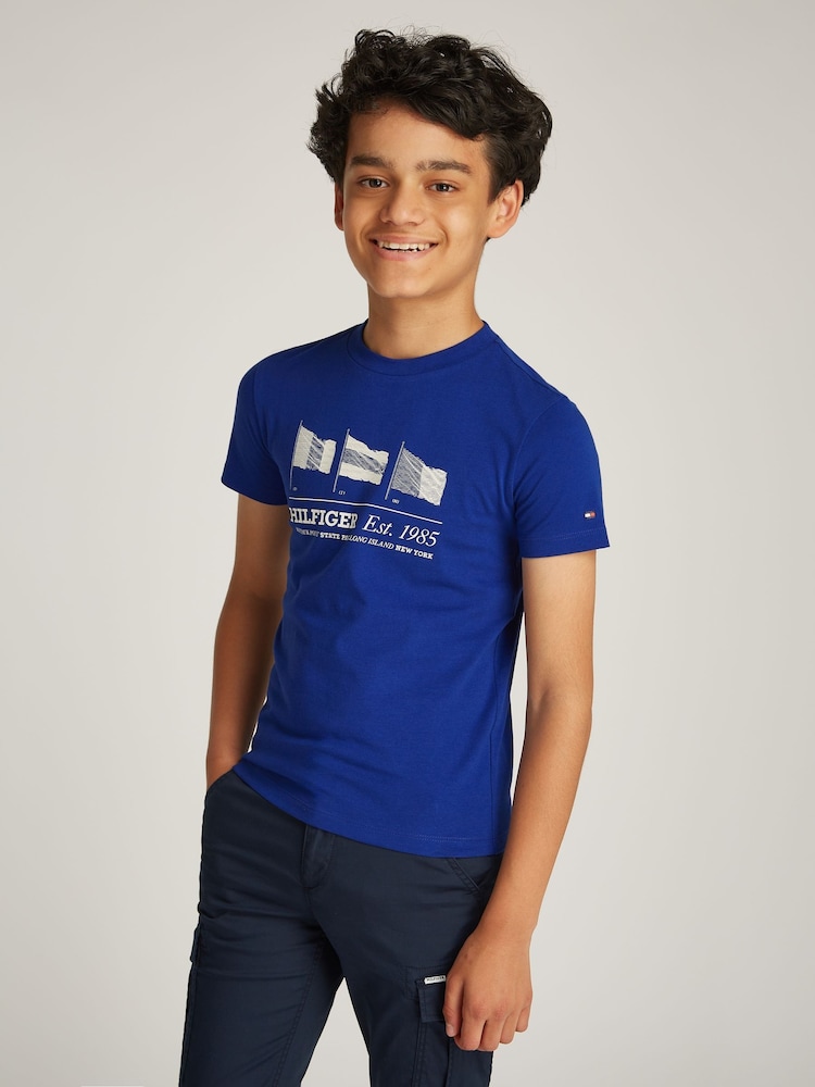 Tommy Hilfiger Blue Regular Fit 100% Cotton T-Shirt With Waving Flag - Image 1 of 5 Tommy Hilfiger Blue Regular Fit 100% Cotton T-Shirt With Waving Flag - Image 1 of 5