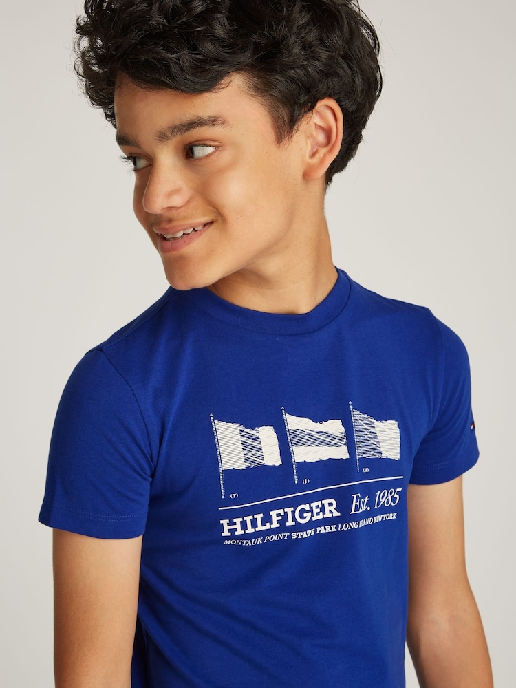 Tommy Hilfiger Blue Regular Fit 100% Cotton T-Shirt With Waving Flag - Image 3 of 5