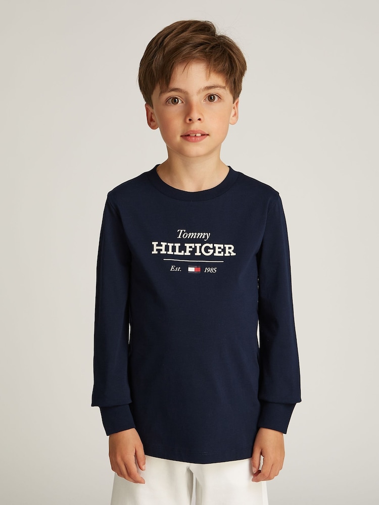 Tommy Hilfiger Blue 1985 Regular Fit Monotype Long Sleeves 100% Cotton T-Shirt - Image 1 of 5