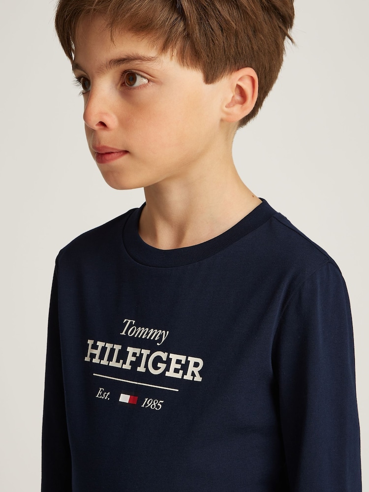 Tommy Hilfiger Blue 1985 Regular Fit Monotype Long Sleeves 100% Cotton T-Shirt - Image 3 of 5