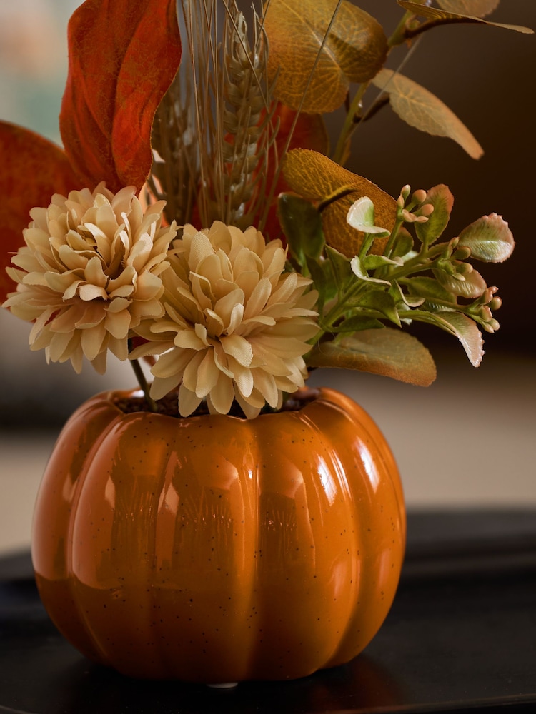 Orange Autumnal Arrangement Artificial Flowers In Ceramic Pumpkin Pot - Image 2 of 4 Orange Autumnal Arrangement Artificial Flowers In Ceramic Pumpkin Pot - Image 2 of 4