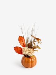 Orange Autumnal Arrangement Artificial Flowers In Ceramic Pumpkin Pot - Image 3 of 4
