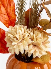 Orange Autumnal Arrangement Artificial Flowers In Ceramic Pumpkin Pot - Image 4 of 4