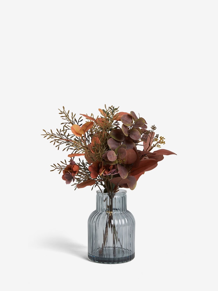 Purple Foliage Arrangement Artificial Flowers In Grey Glass Vase - Image 1 of 2