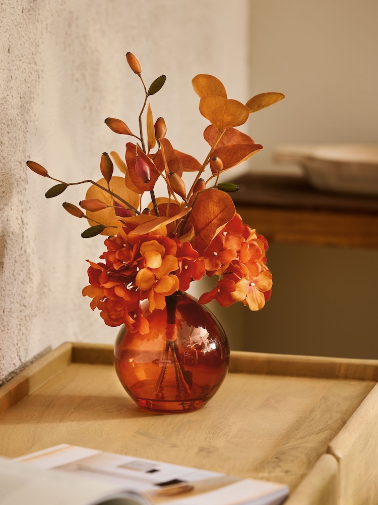 Orange Mixed Hydrangea Arrangement Artificial Flowers In Glass Vase - Image 1 of 4 Orange Mixed Hydrangea Arrangement Artificial Flowers In Glass Vase - Image 1 of 4