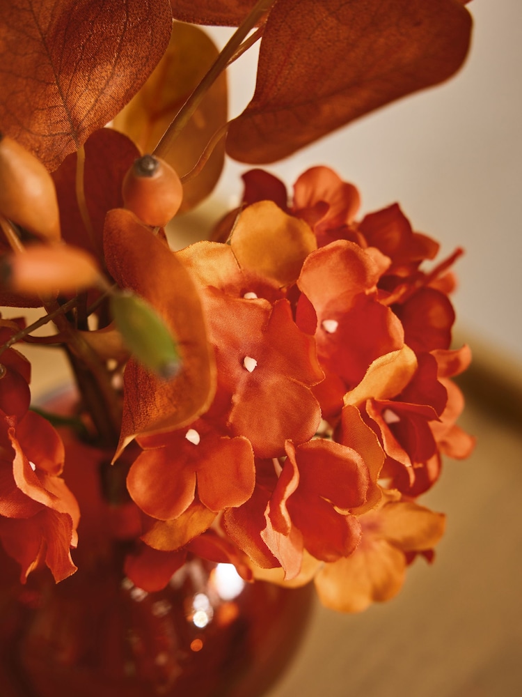 Orange Mixed Hydrangea Arrangement Artificial Flowers In Glass Vase - Image 2 of 4 Orange Mixed Hydrangea Arrangement Artificial Flowers In Glass Vase - Image 2 of 4