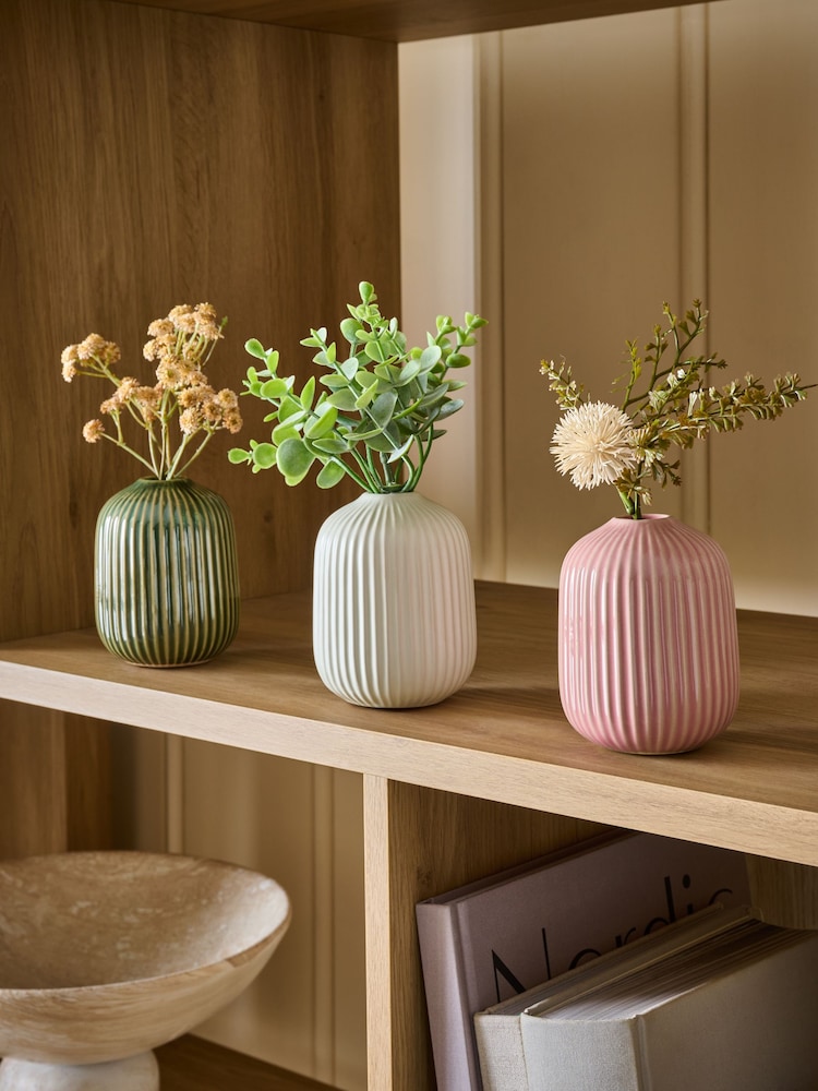 Green/Brown Artificial Flowers In Ribbed Ceramic Pots - Image 1 of 4 Green/Brown Artificial Flowers In Ribbed Ceramic Pots - Image 1 of 4