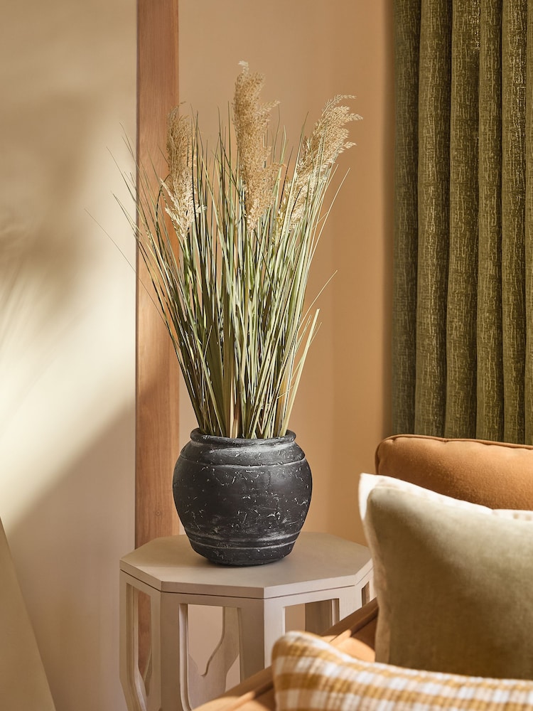 Green Artificial Pampass Grass In Textured Black Pot - Image 1 of 5 Green Artificial Pampass Grass In Textured Black Pot - Image 1 of 5