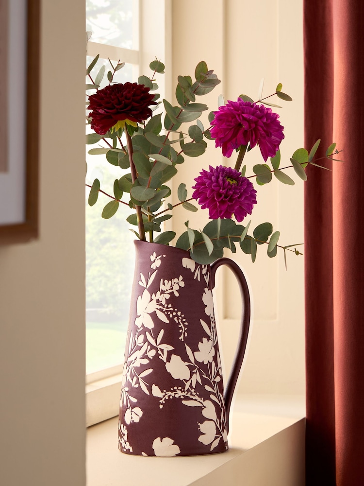 Dark Purple Ceramic Floral Jug Vase - Image 1 of 4 Dark Purple Ceramic Floral Jug Vase - Image 1 of 4