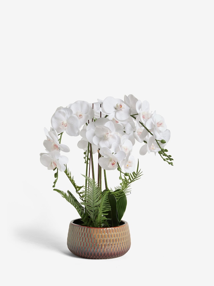 White Artificial Real Touch Orchid In Reactive Ceramic Pot - Image 2 of 6