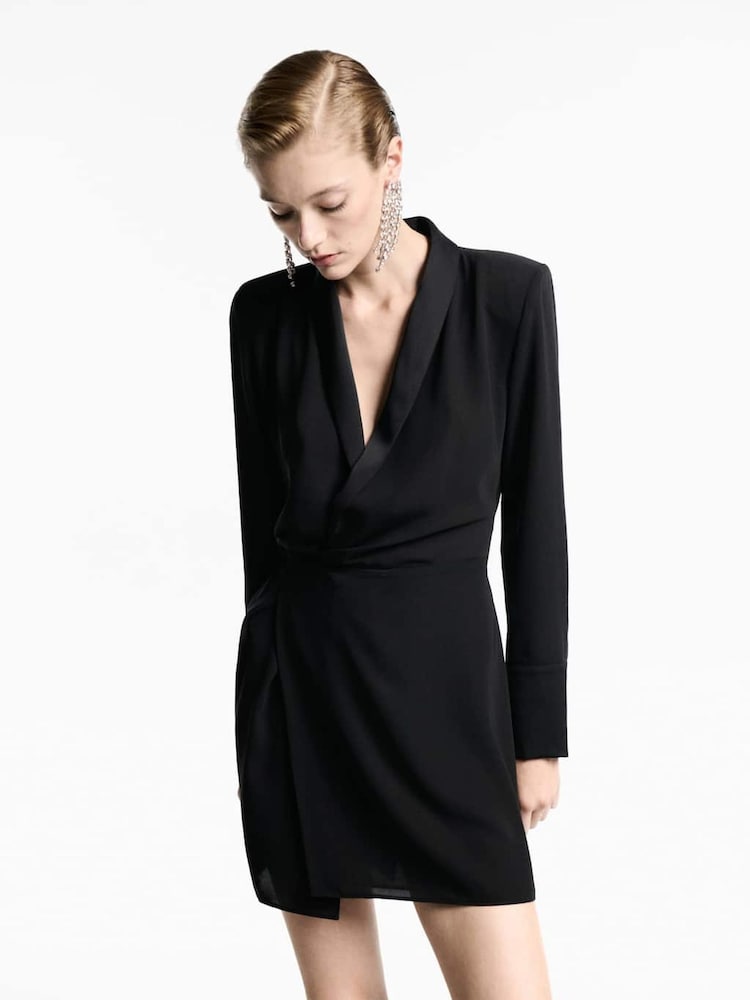 Mango Black Wrap Front Long Sleeve Mini Dress - Image 2 of 7