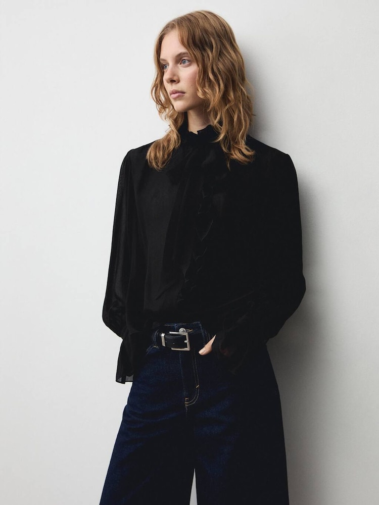 Mango Black High Neck Ruffle Blouse - Image 1 of 6