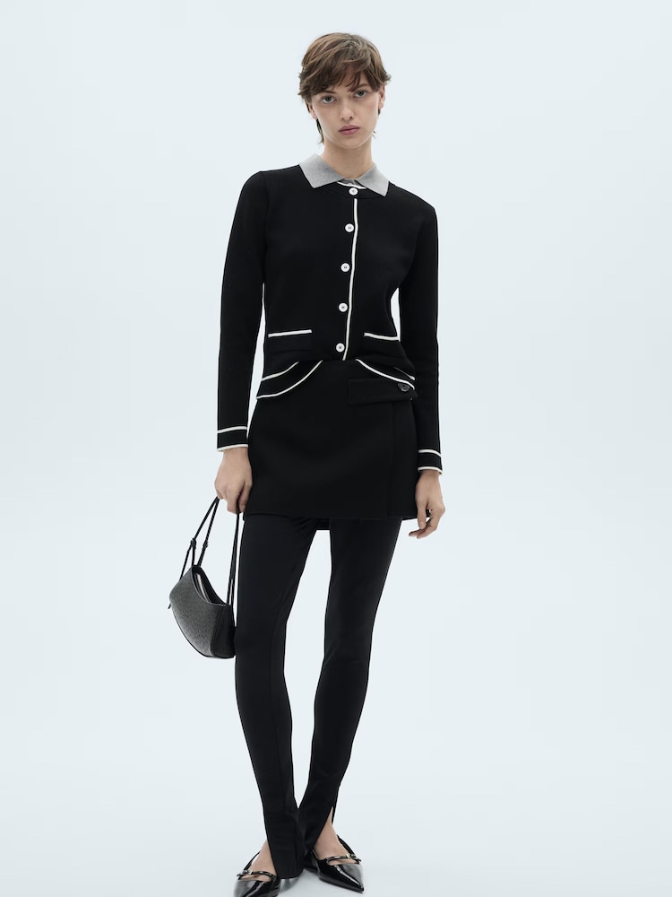 Mango Black Contrast Trim Long Sleeve Cardigan - Image 1 of 7 Mango Black Contrast Trim Long Sleeve Cardigan - Image 1 of 7
