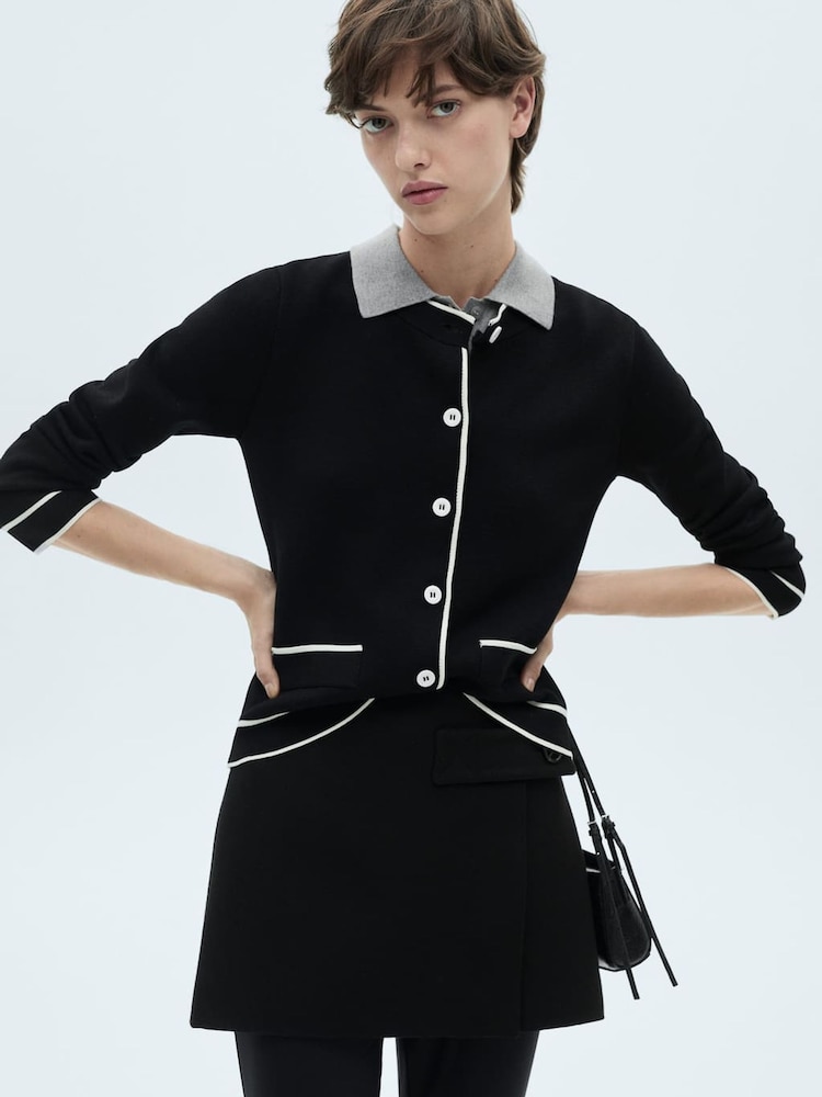 Mango Black Contrast Trim Long Sleeve Cardigan - Image 2 of 7