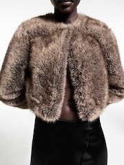 Mango Brown Faux Fur Cropped Jacket - Image 1 of 7