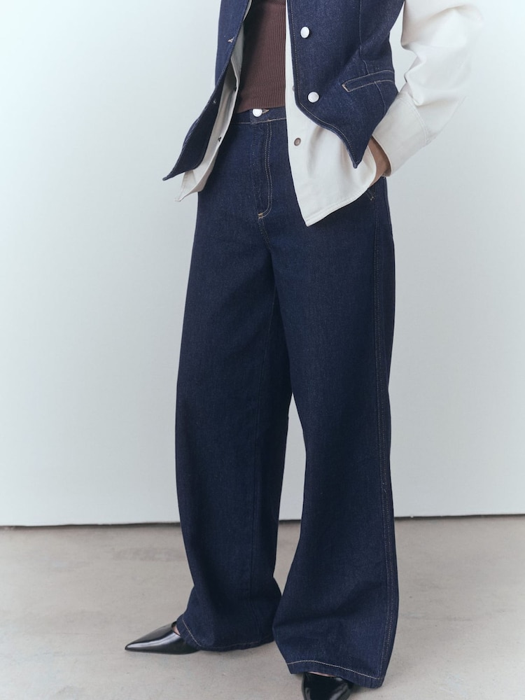Mango Blue Wideleg Mid-Rise 100% Cotton Jeans - Image 1 of 7 Mango Blue Wideleg Mid-Rise 100% Cotton Jeans - Image 1 of 7
