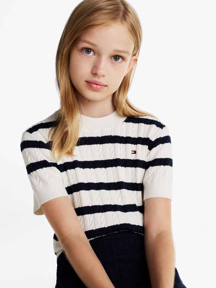 Tommy Hilfiger Blue Stripe Mini Cable Short Sleeve Jumper - Image 3 of 6