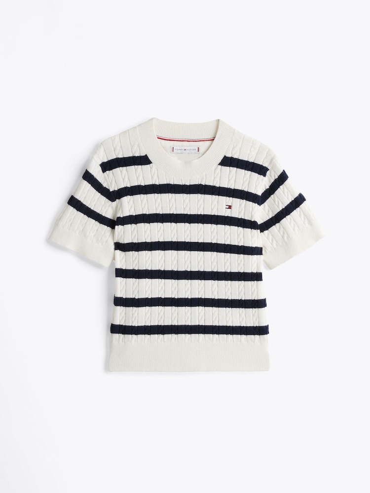 Tommy Hilfiger Blue Stripe Mini Cable Short Sleeve Jumper - Image 5 of 6