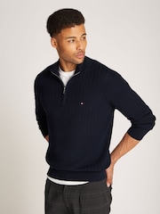 Tommy Hilfiger Blue 100% Cotton Herringbone Quarter Zip Mock Jumper - Image 1 of 6
