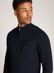 Tommy Hilfiger Blue 100% Cotton Herringbone Quarter Zip Mock Jumper - Image 4 of 6