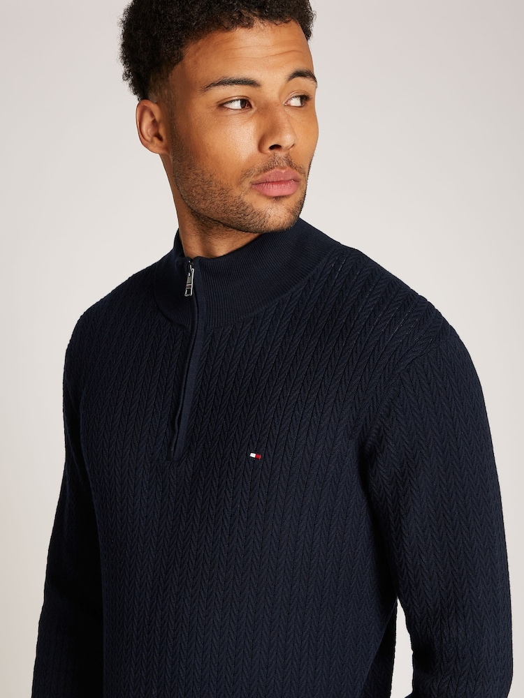 Tommy Hilfiger Blue 100% Cotton Herringbone Quarter Zip Mock Jumper - Image 4 of 6