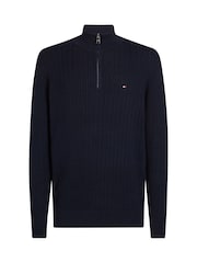 Tommy Hilfiger Blue 100% Cotton Herringbone Quarter Zip Mock Jumper - Image 5 of 6